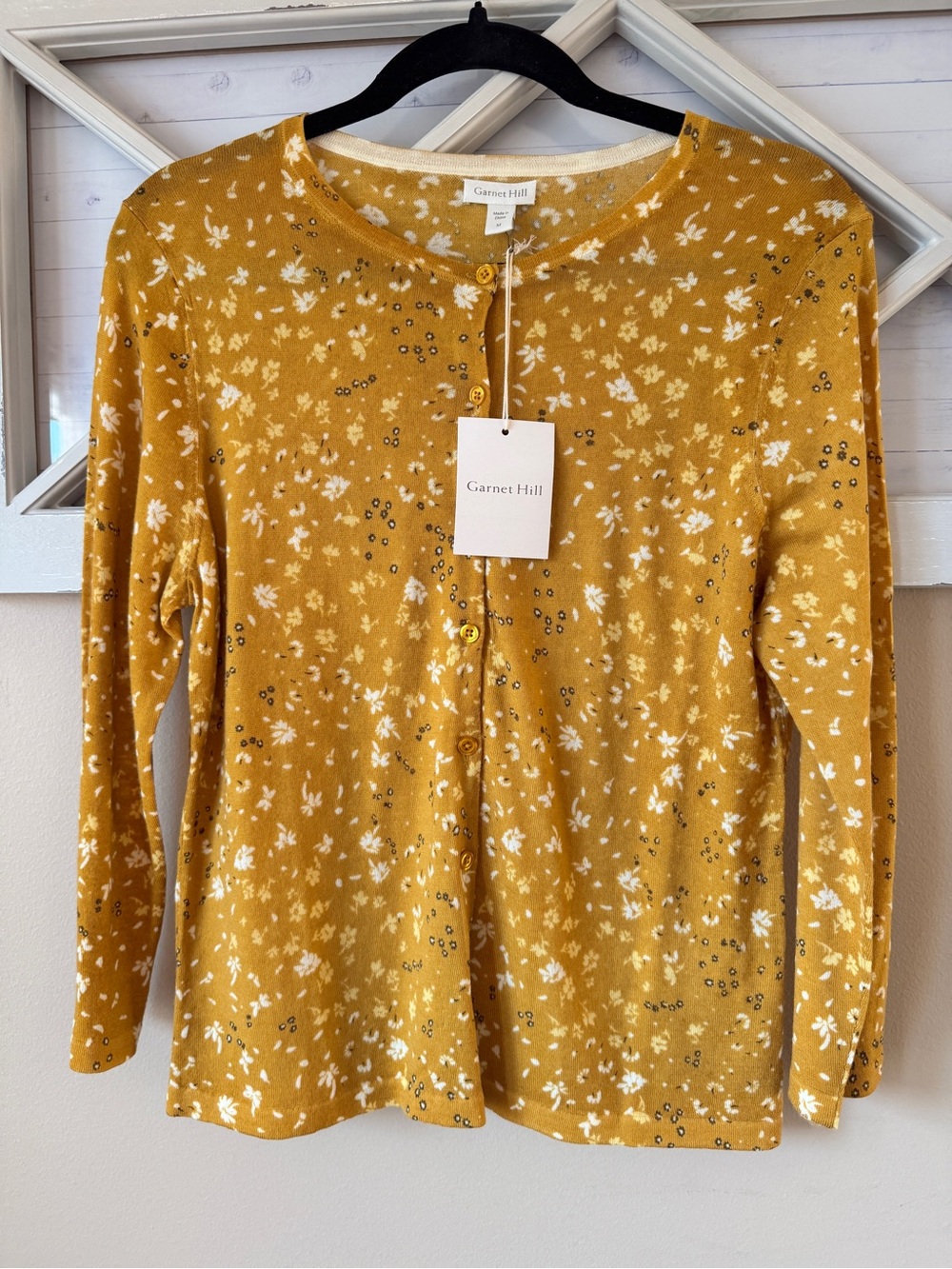 Garnet Hill Signature Eco Merino Wool Cardigan Mustard Floral Size M New